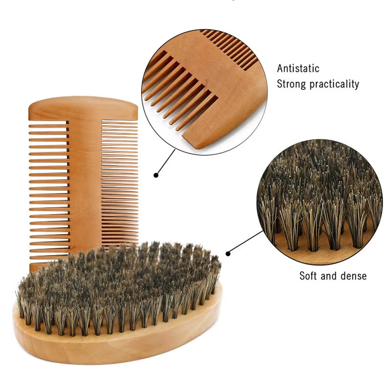 Professional Soft Boar Bristle Wood Beard Brush Hairdresser Shaving Brush Comb Men Mustache Comb Kit with Gift Bag Hair Comb Set