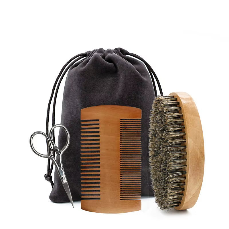 Professional Soft Boar Bristle Wood Beard Brush Hairdresser Shaving Brush Comb Men Mustache Comb Kit with Gift Bag Hair Comb Set