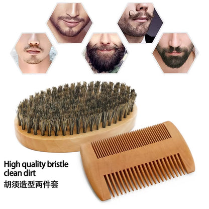 Professional Soft Boar Bristle Wood Beard Brush Hairdresser Shaving Brush Comb Men Mustache Comb Kit with Gift Bag Hair Comb Set