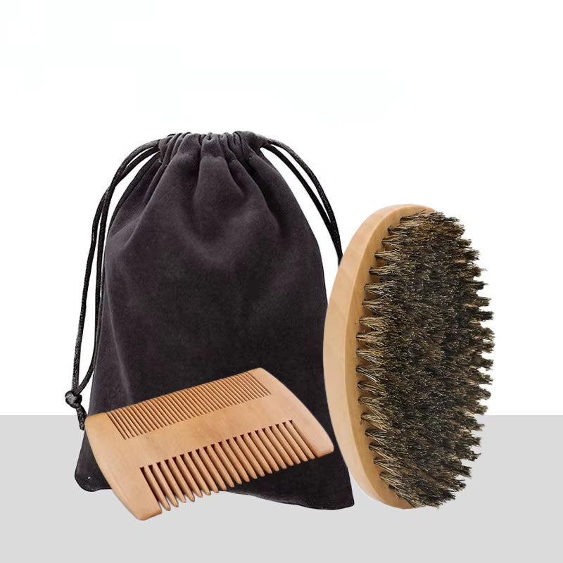 Professional Soft Boar Bristle Wood Beard Brush Hairdresser Shaving Brush Comb Men Mustache Comb Kit with Gift Bag Hair Comb Set